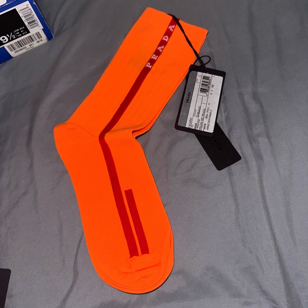Prada Men's Bright Orange Socks with Red Stripe